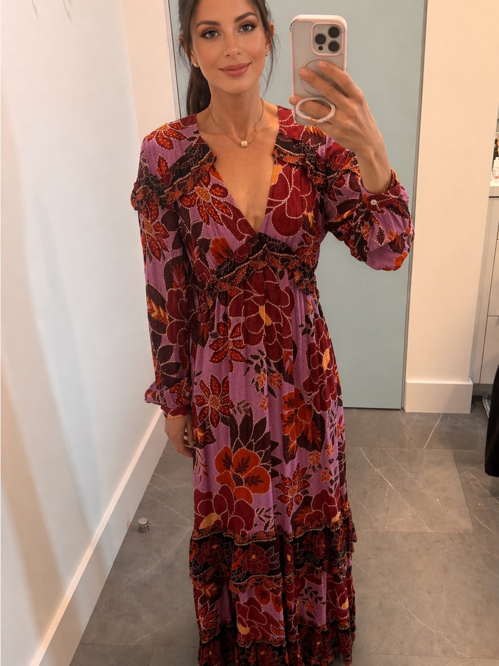 FARM Rio Purple Maxi Dress with Rust and Brown Floral Print, Like New